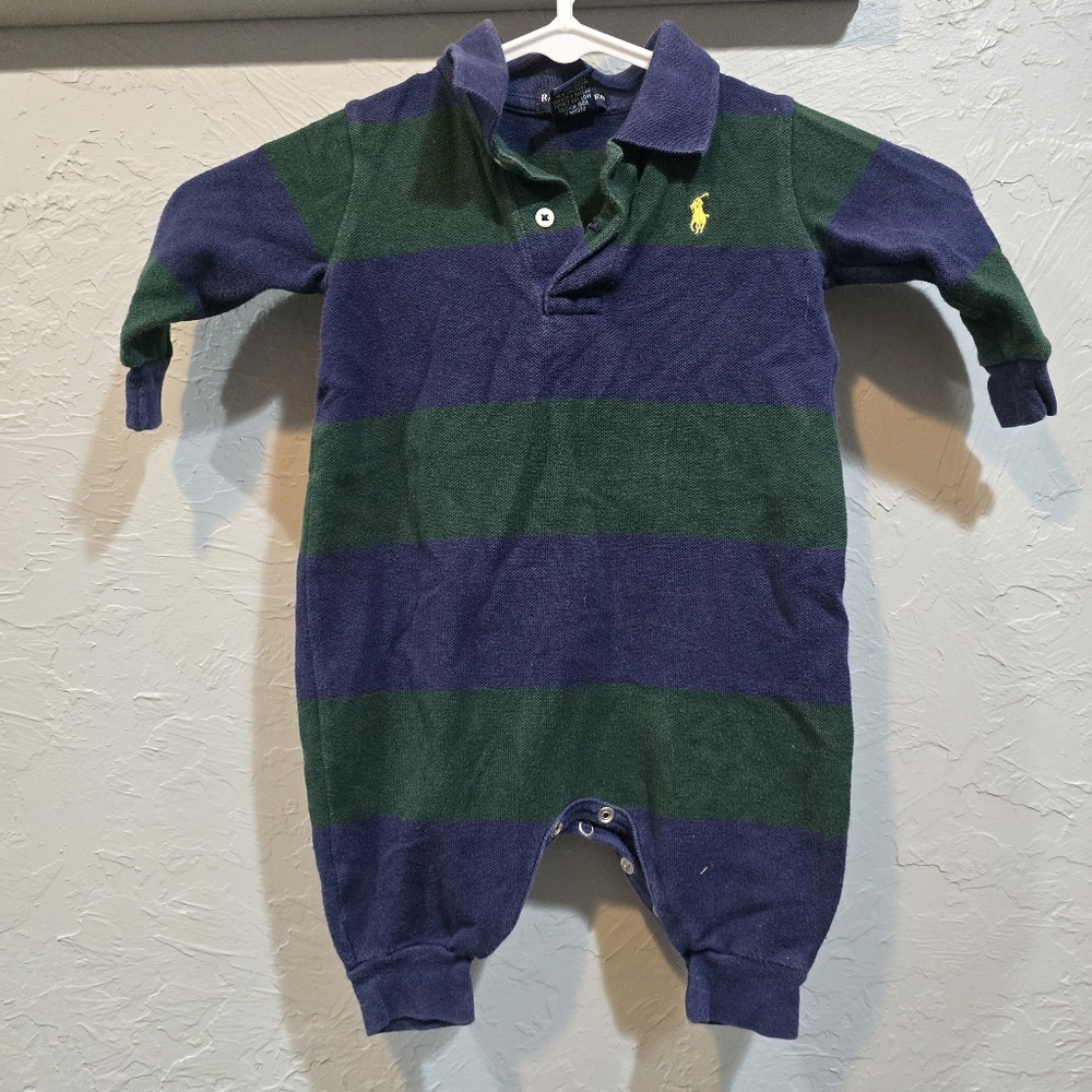Ralph Lauren Green And Navy Striped Baby Onesie